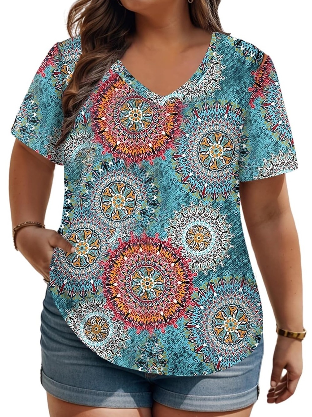 Boho Pullover Top V Neck Short Sleeve Mandala Print Plus 4X Women Blue Teal 26W